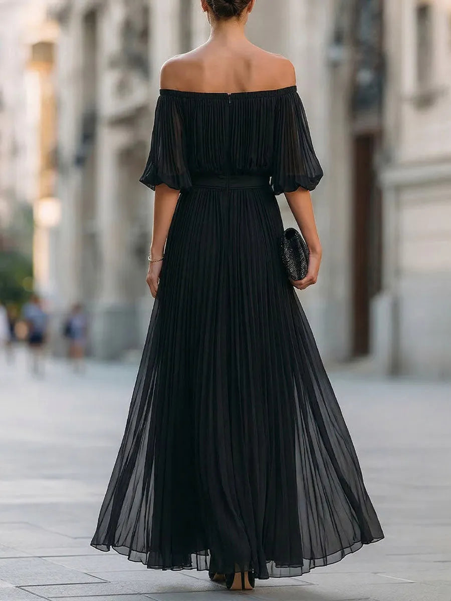 Women's Solid-color Off-the-shoulder 3/4-sleeve Casual Loose Chiffon Dress