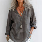 Retro Solid Color Long Sleeve Linen V-neck Shirt