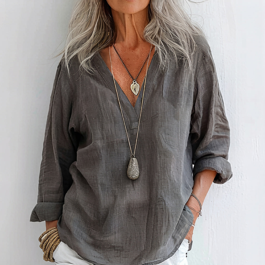 Retro Solid Color Long Sleeve Linen V-neck Shirt
