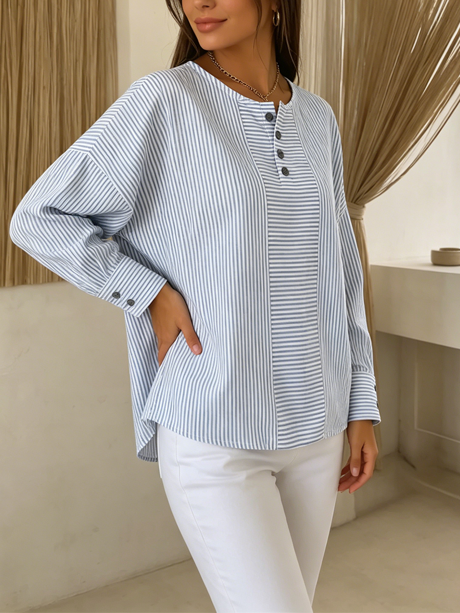 Artistic Cut Striped Cotton-linen Shirt Blouse