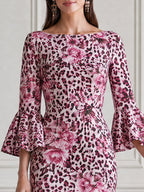 Pink Leopard & Peony Print Bell Sleeve Bodycon Midi Dress