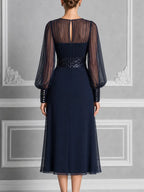 Navy Sheer Chiffon Bishop Sleeve Sequin Waist A-Line Midi Dress