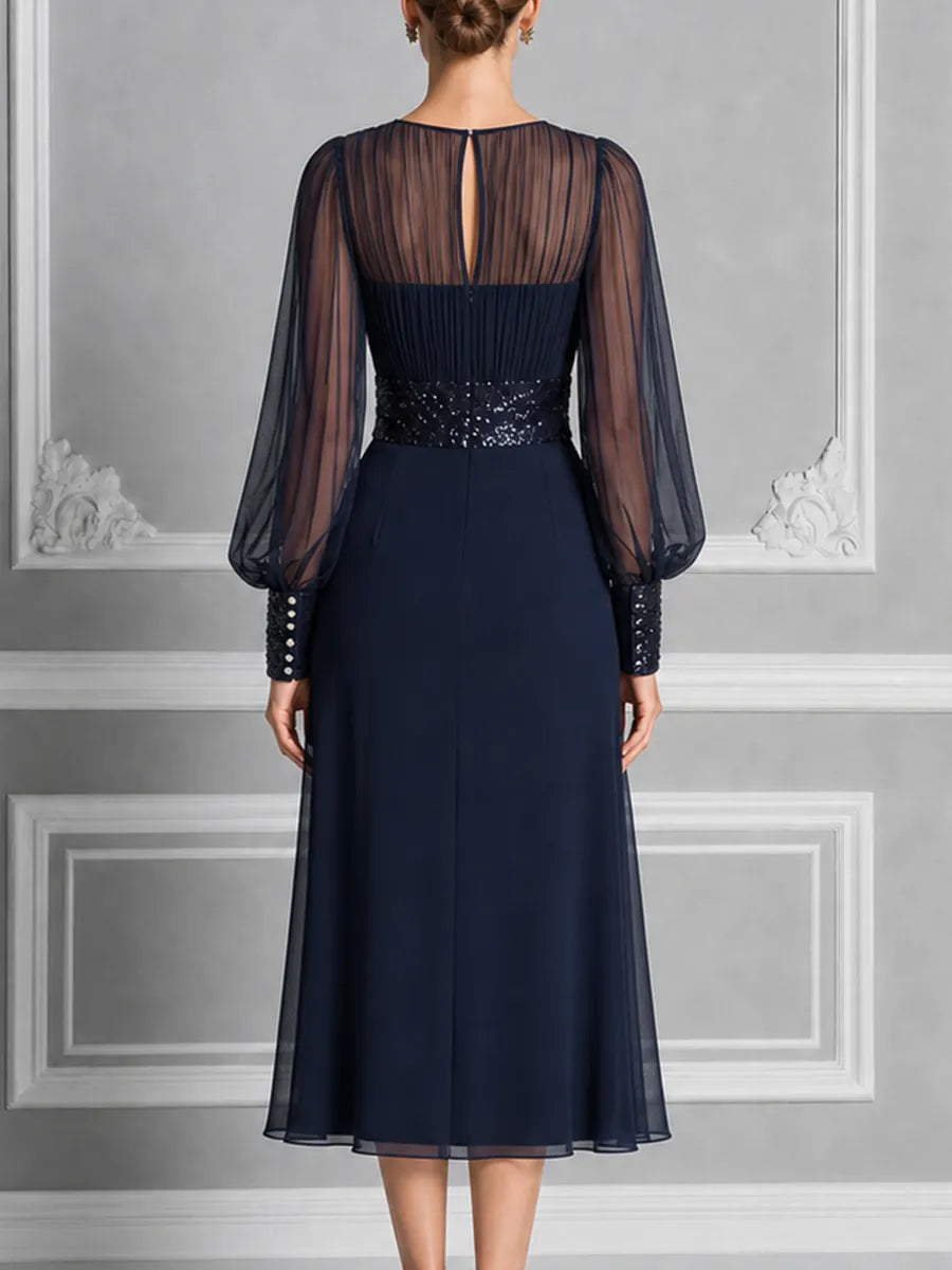 Navy Sheer Chiffon Bishop Sleeve Sequin Waist A-Line Midi Dress