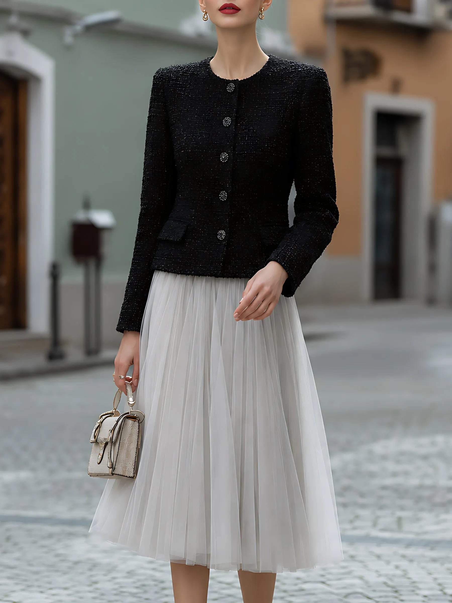 Tweed Jacket And Tulle Midi Skirt Set