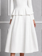 Ivory Round Neck Peplum Waist Pleated A-Line Midi Dress