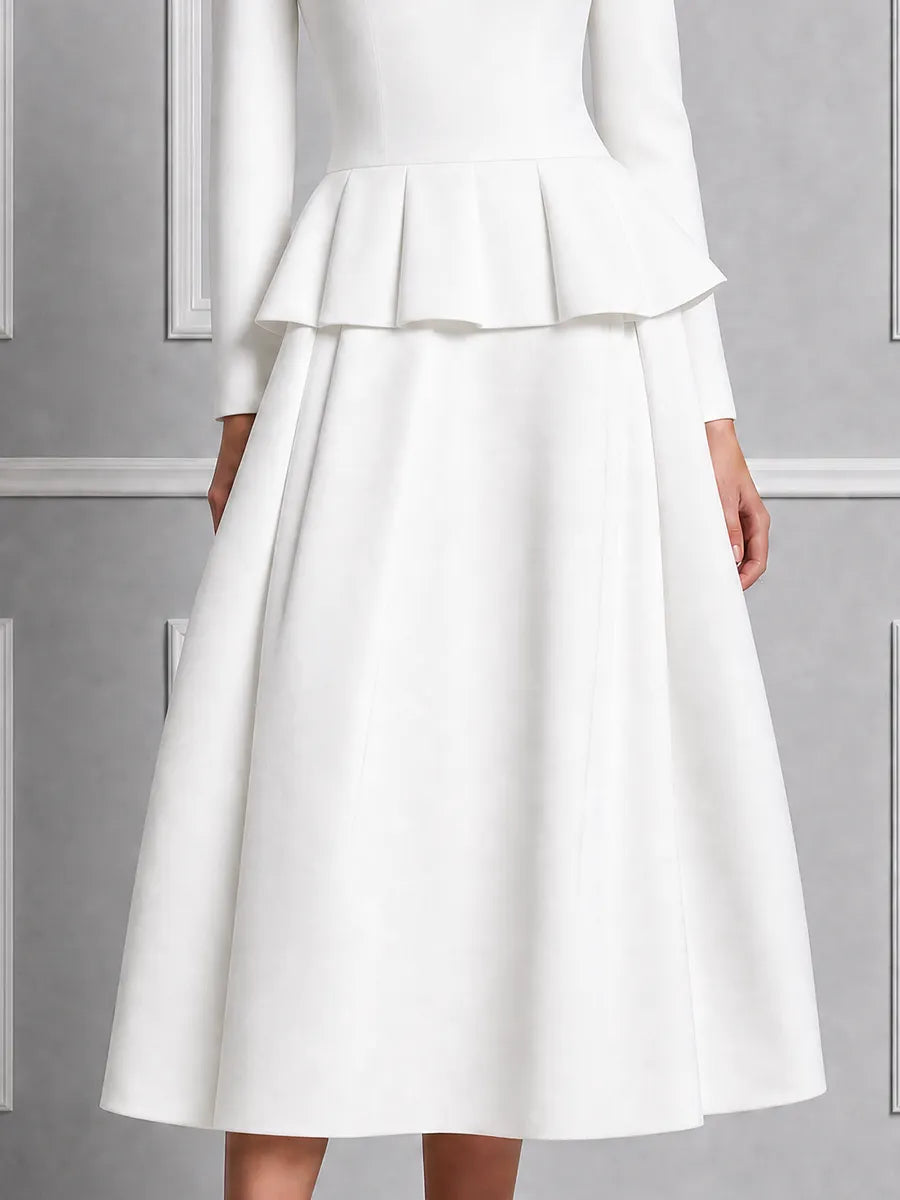Ivory Round Neck Peplum Waist Pleated A-Line Midi Dress