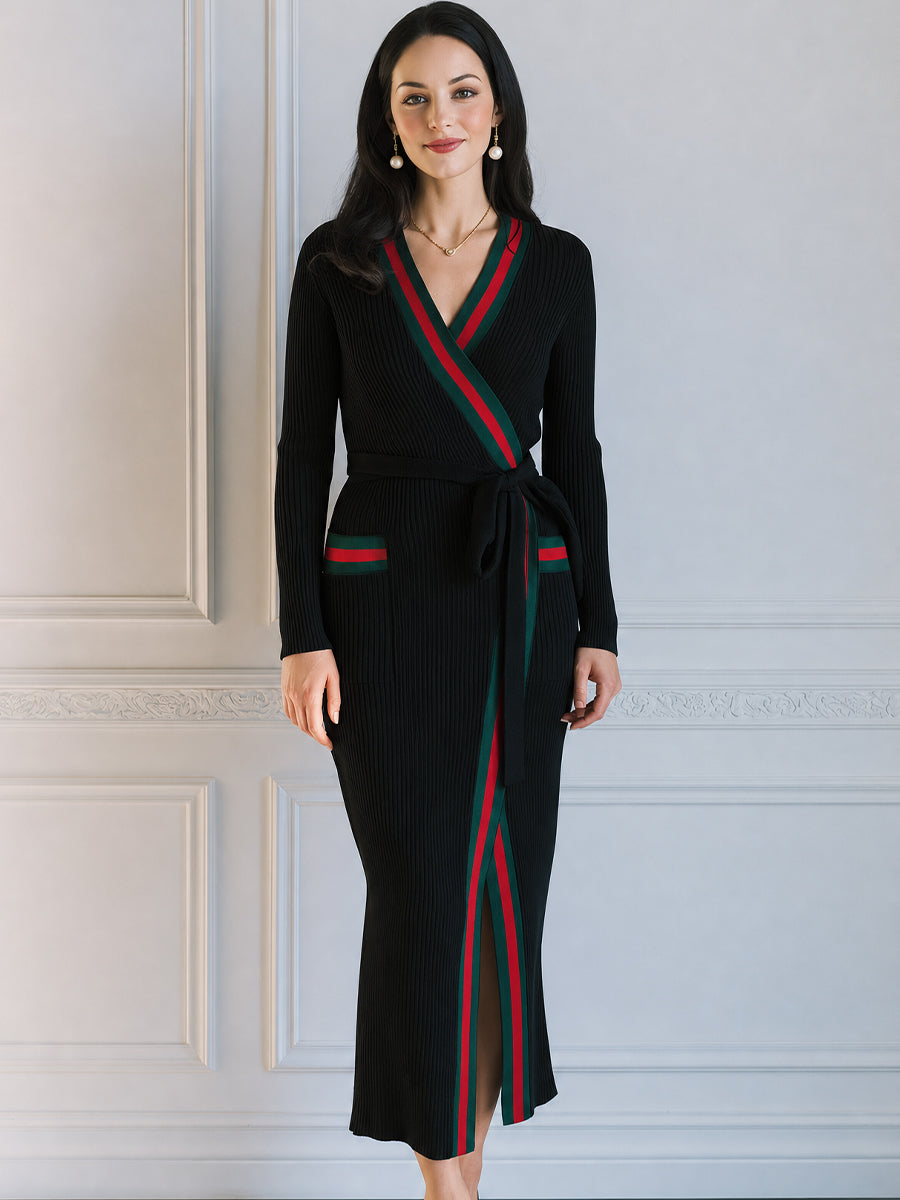 Wrap Front Striped Trim Ribbed Knit Long Sleeve Maxi Sweater Dress With Belt