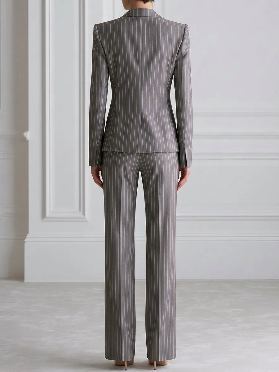 Rose Print Pinstripe Blazer And Flared Trouser Suit