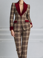 Brown Plaid Preppy Velvet Lapel Blazer & Flare Pants Set