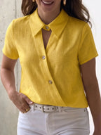 Women's Fashion Casual Solid-color Short-sleeve Shirt With Diagonal Button Closure