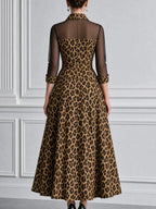 Leopard Print Mesh Patchwork Collared Shirt Midi Dress