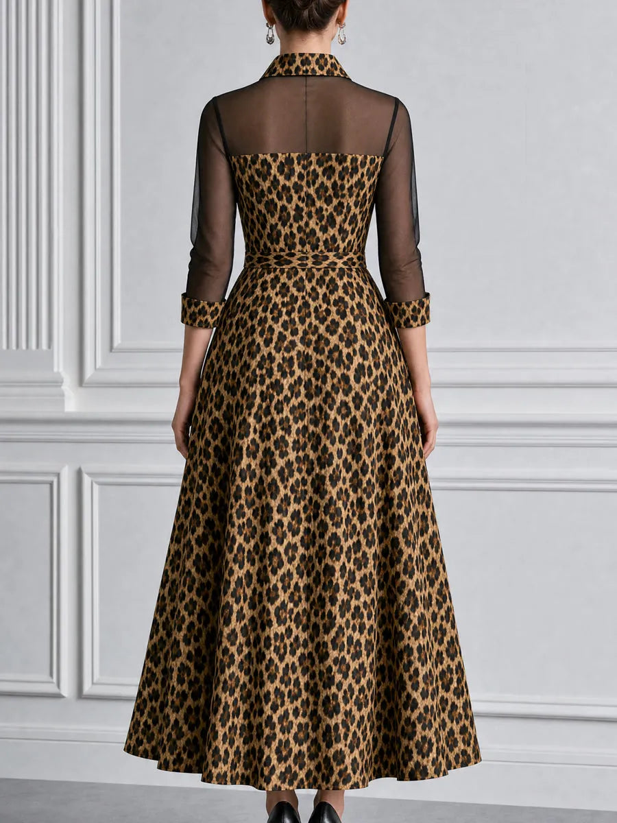 Leopard Print Mesh Patchwork Collared Shirt Midi Dress