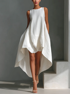 White Round Neck Sleeveless Midi Dress With Asymmetrical Hem