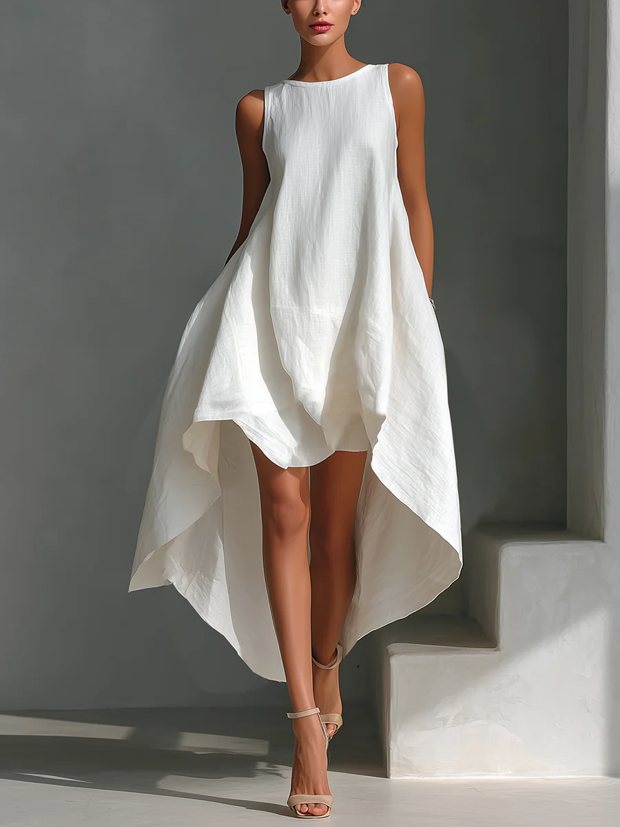 White Round Neck Sleeveless Midi Dress With Asymmetrical Hem