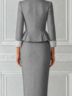 Grey Pinstripe Stand Collar Single Breasted Peplum Tailored Jacket & Pencil Skirt Two-Piece Suit Set