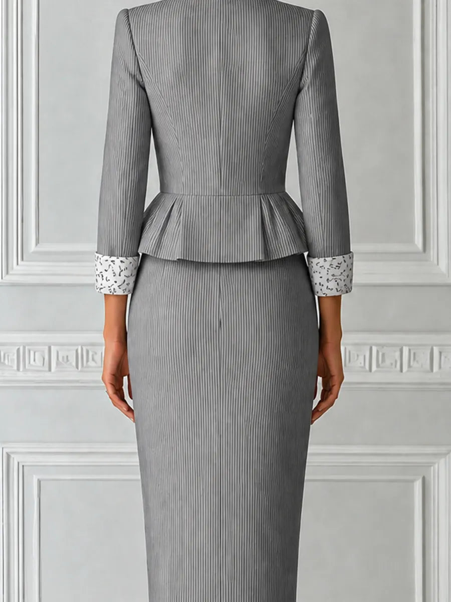 Grey Pinstripe Stand Collar Single Breasted Peplum Tailored Jacket & Pencil Skirt Two-Piece Suit Set
