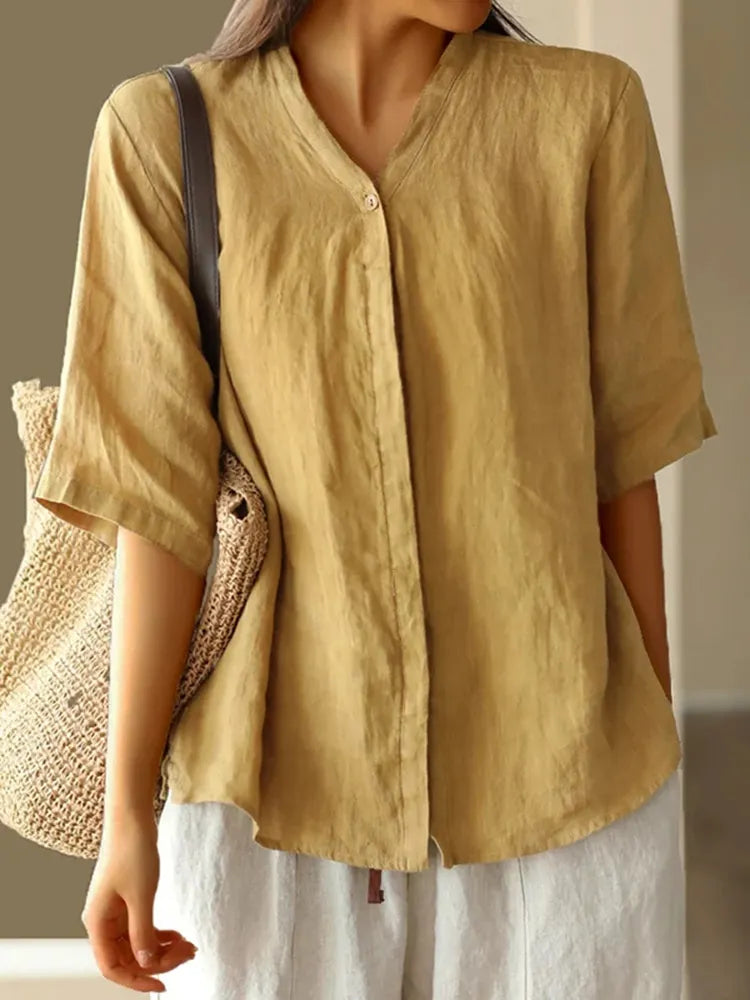 Women's Solid Color V-Neck Buttoned Mid-Sleeve Loose Casual Top