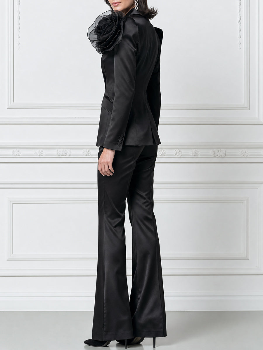 Satin Blazer Suit With 3D Flower Shoulder Detail & Flared Trousers