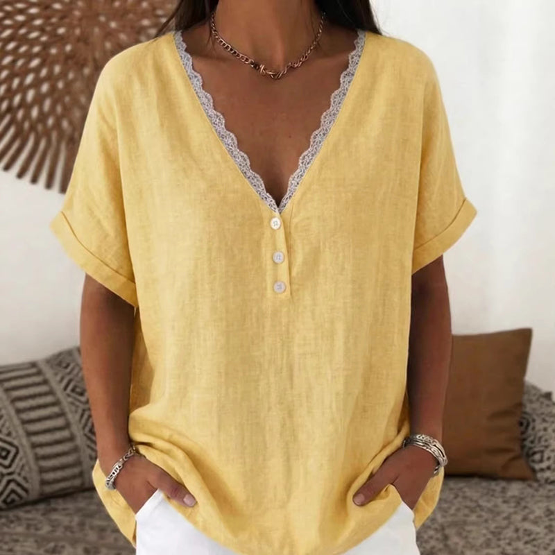 Women's Solid Color Lace V-neck Short Sleeve Linen Blend T-shirt