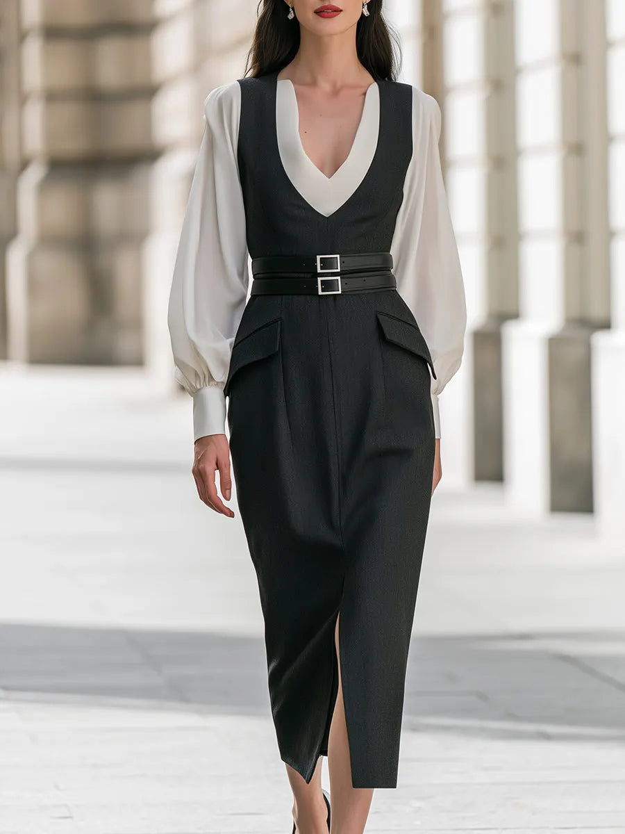 Layered Blouse And Belted Midi Dress Set