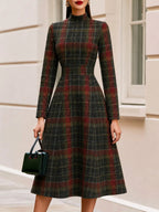 High Neck Long Sleeve Fit & Flare Wool Blend Midi Dress
