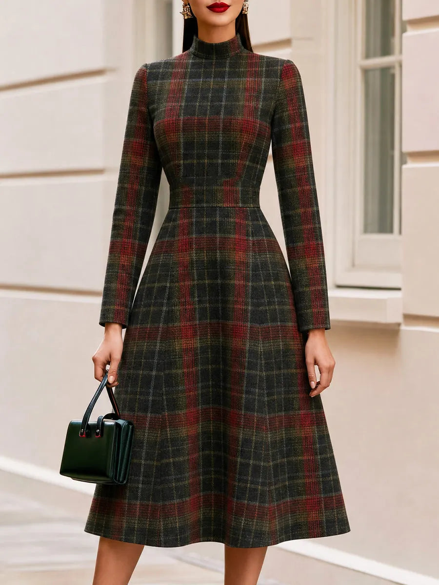 High Neck Long Sleeve Fit & Flare Wool Blend Midi Dress