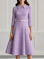 Premium Tweed Collared 3/4 Sleeve A-Line Midi Dress