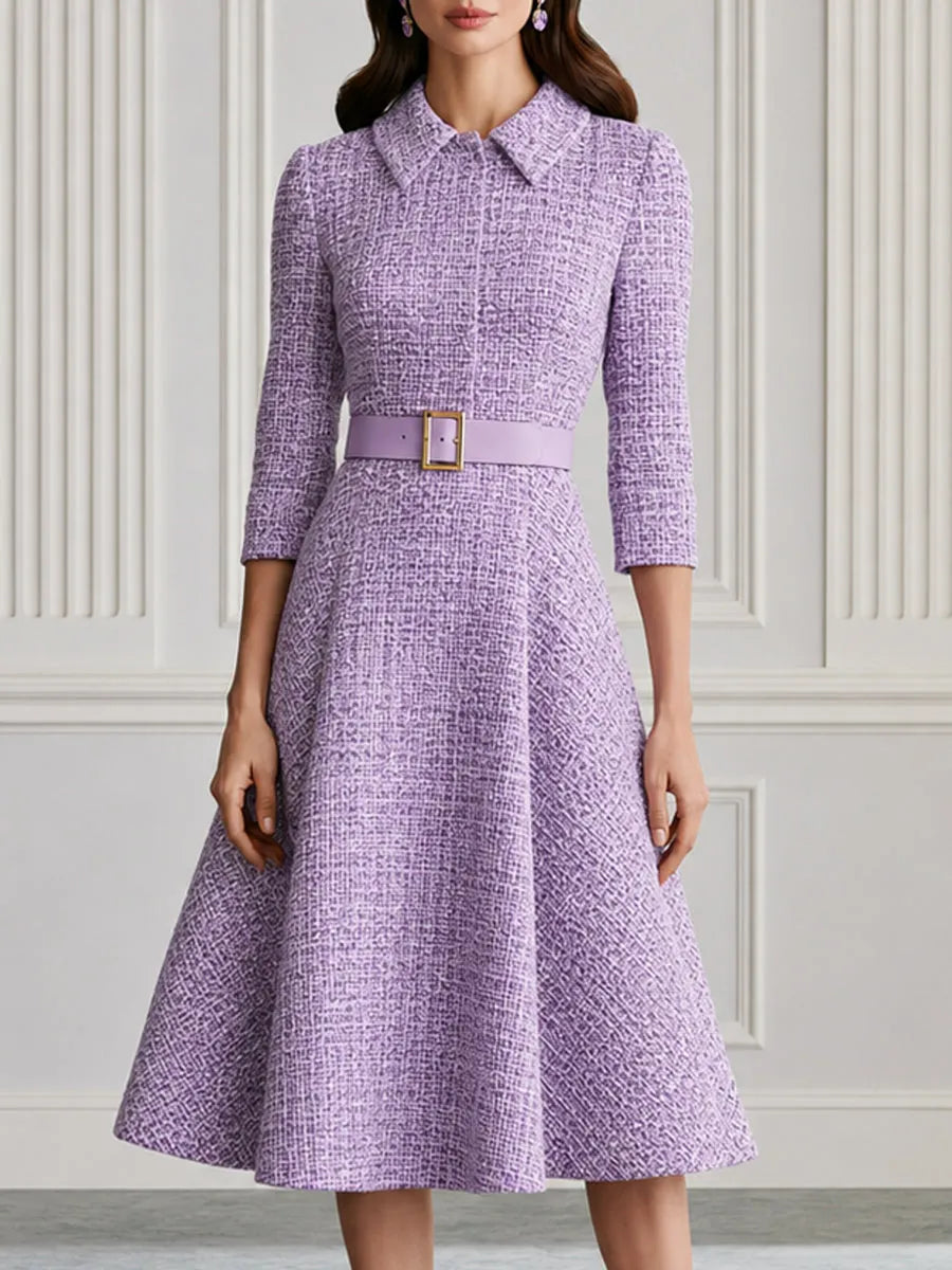 Premium Tweed Collared 3/4 Sleeve A-Line Midi Dress