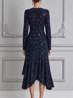 Navy Lace Dress Fall Wedding Guest Dress Ruffle High Low Midi Dress