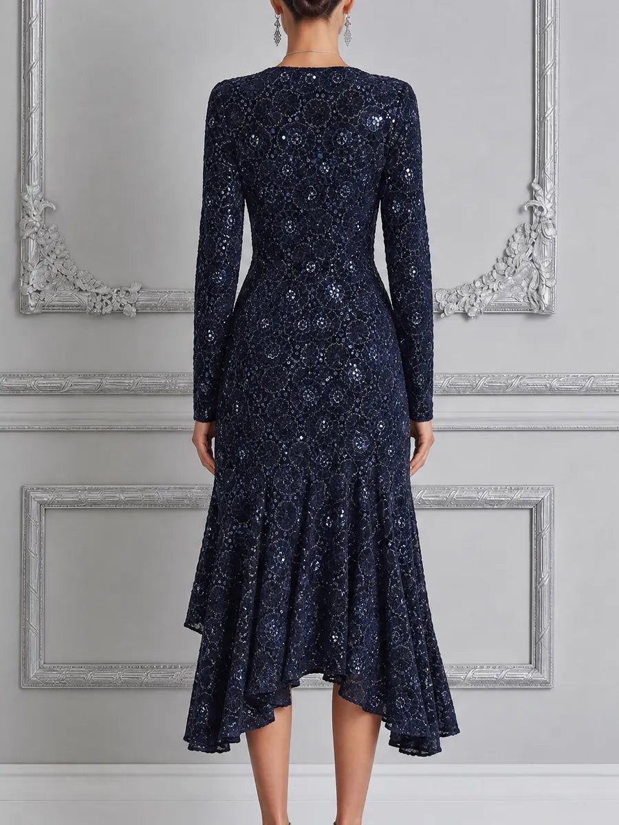 Navy Lace Dress Fall Wedding Guest Dress Ruffle High Low Midi Dress