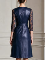 Faux Leather 3/4 Lace Sleeves Wrap Midi Dress