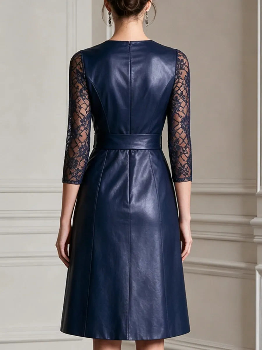 Faux Leather 3/4 Lace Sleeves Wrap Midi Dress