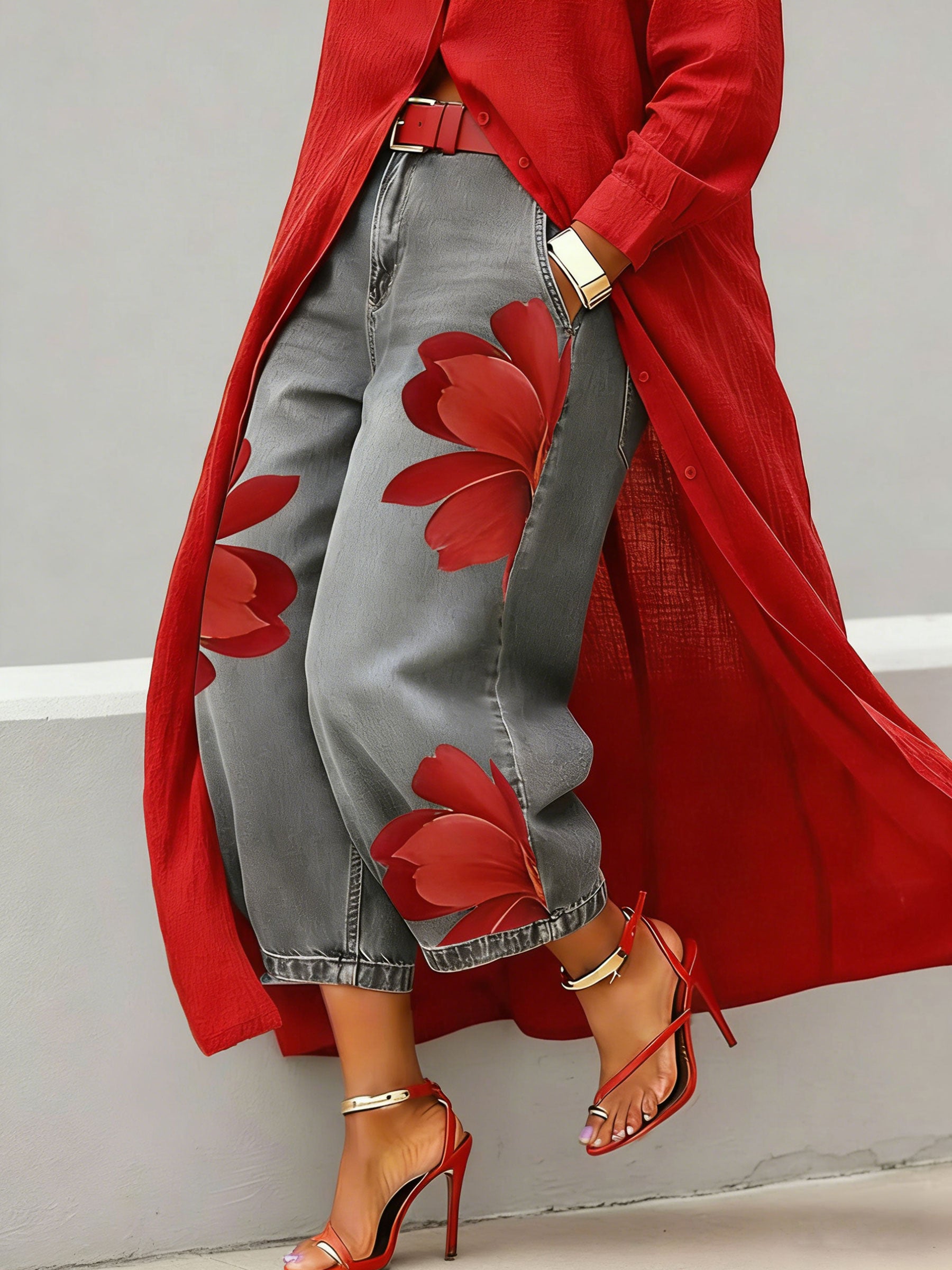 Women’s Stylish Flower Casual Wide Denim Pants