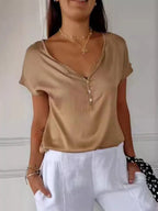 Casual Solid Color V-Neck Button-Down Short-Sleeved Top