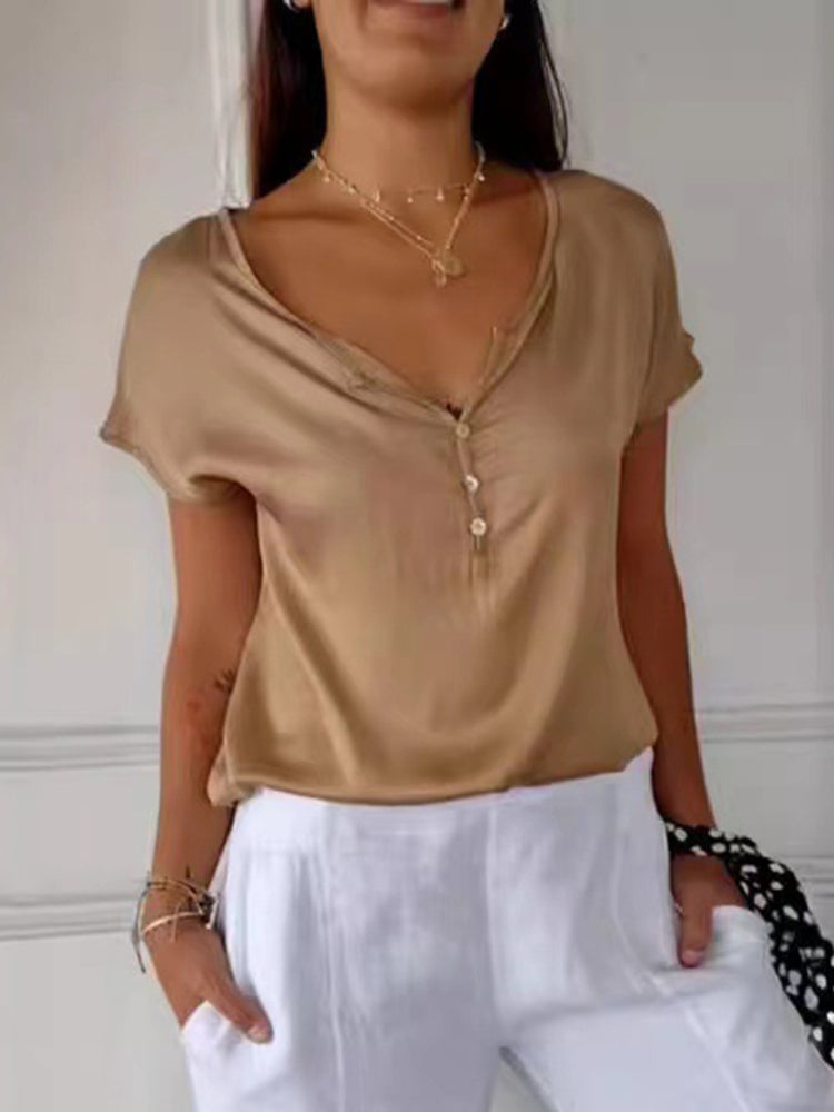 Casual Solid Color V-Neck Button-Down Short-Sleeved Top