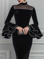Velvet Mock-Neck Mesh-Yoke Ruffle-Sleeve Mermaid Midi Dress