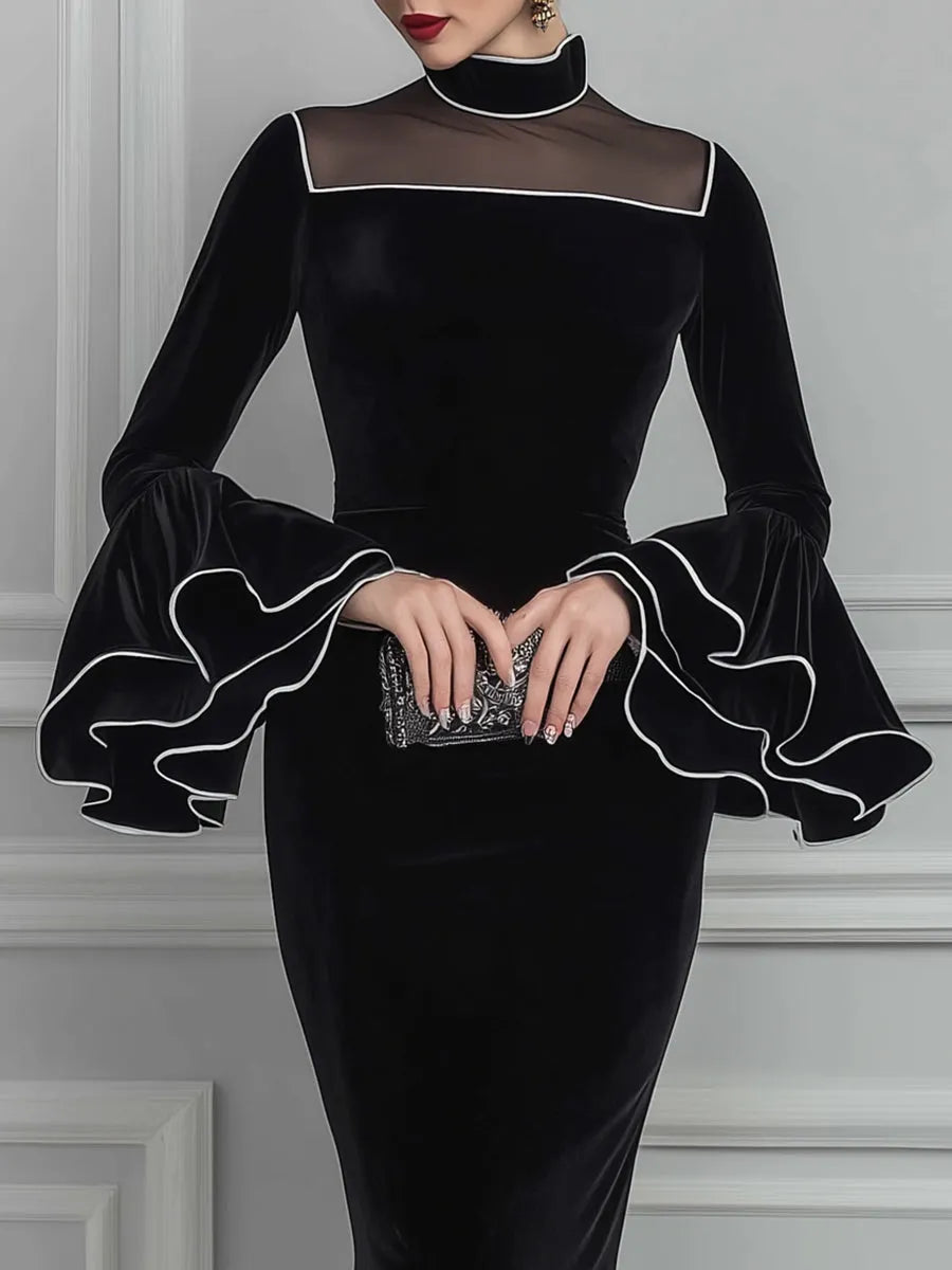 Velvet Mock-Neck Mesh-Yoke Ruffle-Sleeve Mermaid Midi Dress