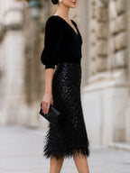 Velvet Puff Sleeve Sequin Fringe Midi Cocktail Dress