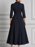 Navy Pinstripe Shirt Collar Button Front Pleated A-Line Midi Dress