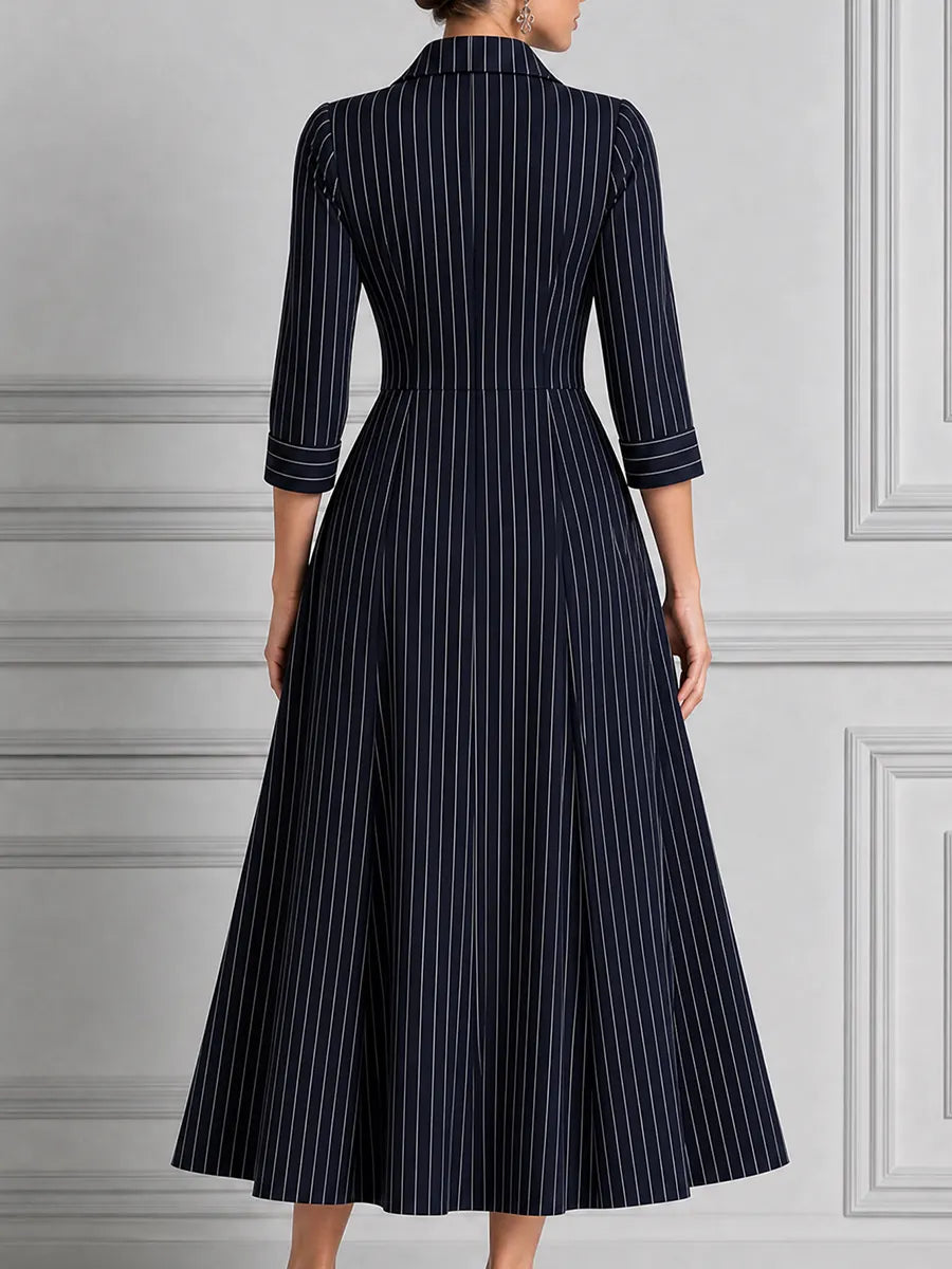 Navy Pinstripe Shirt Collar Button Front Pleated A-Line Midi Dress