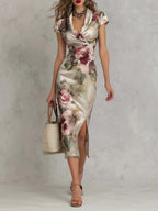 Satin Floral Print Ruched Midi Dress With Side Slit