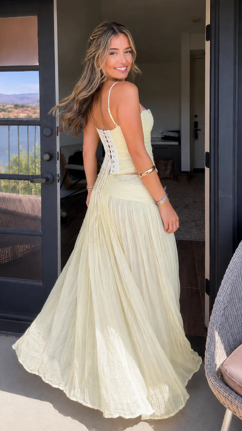 Boho Crystal Embellished Cami Crop Top & Pleated Maxi Skirt Set - Elegant Evening Wear