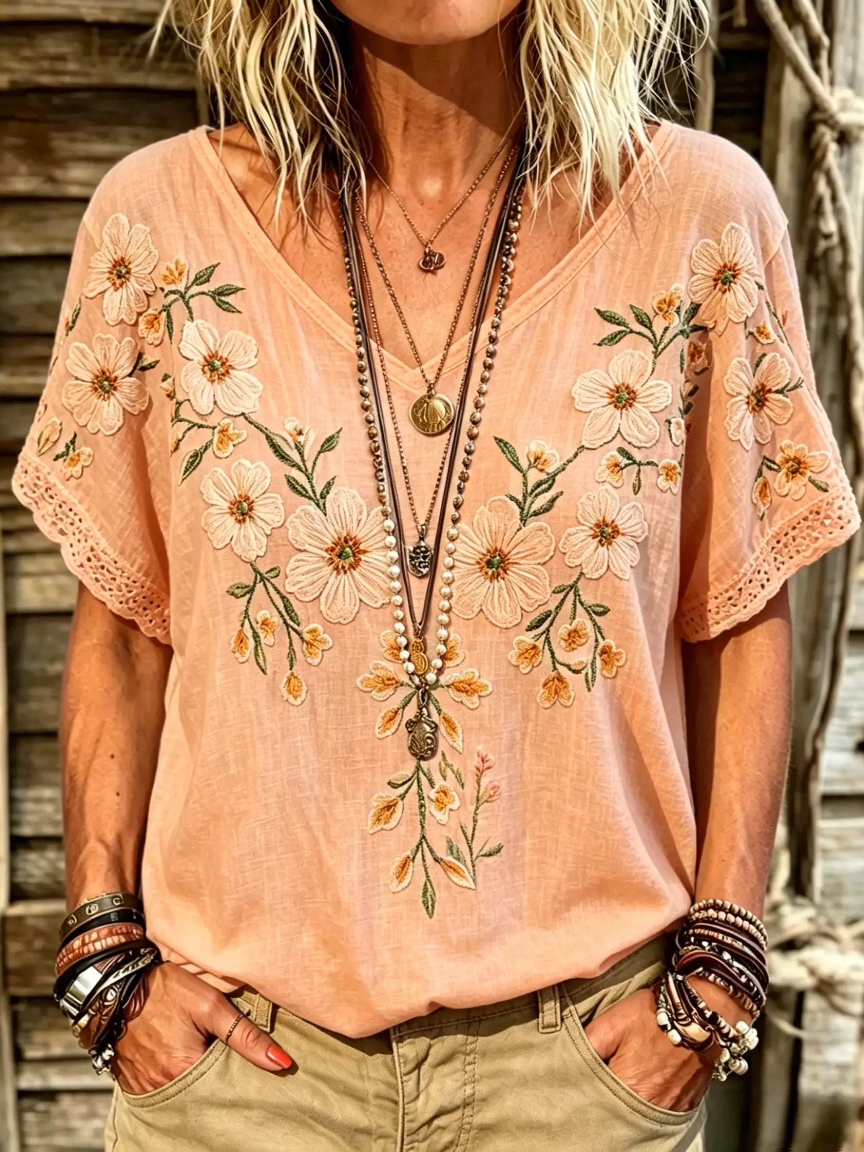 Women's Vintage-Style Floral Art Print V-Neck Short-Sleeve Top with Lace Paneling