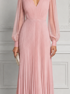 Pink Dress Fall Wedding Guest Dress Pleated Chiffon Maxi Dress