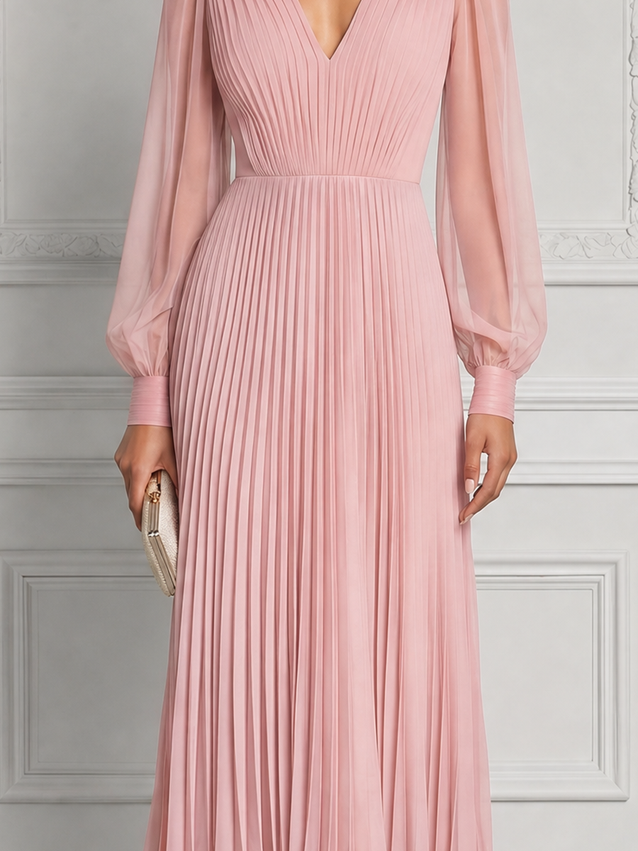Pink Dress Fall Wedding Guest Dress Pleated Chiffon Maxi Dress