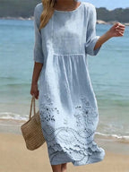Women's Casual  Round Neck Mid Sleeve Print Cotton and Linen Dress