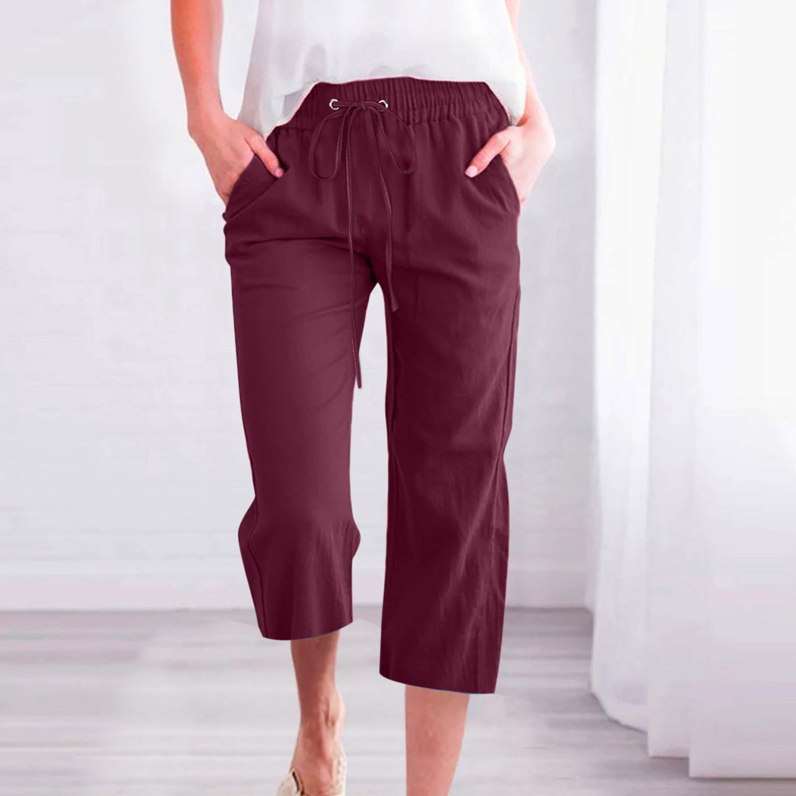 Women's Casual Summer Linen Pants High Waisted Loose Yoga Sweatpants Crop Pants with Pockets