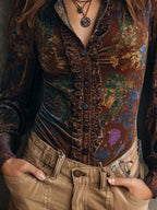 Chic Boho Floral Print Velvet Blouse With Ruffle Trim