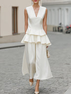 Layered Peplum V-Neck Top And Wide-Leg Pants Set