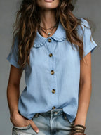Cozy Minimalist Short-sleeve Peter Pan Collar 100% Cotton T-shirt